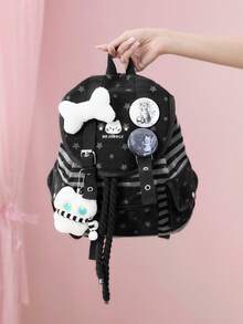 ROMWE Grunge Punk 朋克风猫爪、骨头、星星印花撞色多口袋黑色背包，时尚休闲男女通用大容量包，适合通勤、上学等场合。 - 黑灰色 - 查看 8
