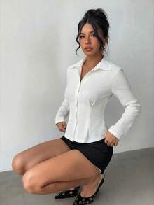 Aloruh 女士纯色长袖单排扣休闲/工作衬衫 - 白色 - 查看 5
