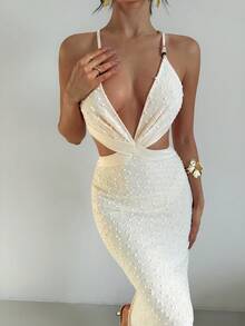 Firerie 女士白色提花串珠系带露背修身开衩连衣裙，性感度假连衣裙，春夏服装，沙滩装，通勤装，优雅，性感，度假，海滩，波西米亚风，夏威夷，音乐节，浪漫，约会装 - 杏色 - 查看 7