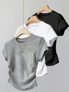 Comfortcana 3pcs Women's T-Shirts, Waist Ruched, Casual Wear, Basic Outfit, Clean Girl - Multicolor - View 12