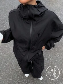 Muchica 女士黑色梭织长袖拉链连帽外套和裤子套装 - 黑色 - 查看 4