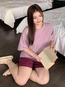 Dazy Plus 两件套休闲家居服，宽松短袖上衣和松紧腰短裤，大码女式睡衣，春夏款 - 紫色 - 查看 6