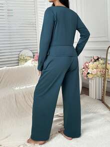Dazy Plus 2件套女士加大码纯色V领长袖上衣和直筒裤休闲睡衣套装，春秋季 - 水鴨藍 - 查看 3