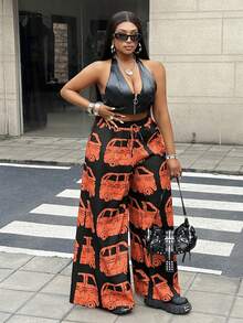 Maweii Plus Size Summer Casual Vacation Car Print Loose Wide Leg Pants - Multicolor - View 6