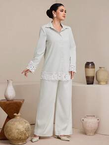 Graceveil Women's Loose Floral Lace Trim Blouse, Spring New Arrival - Light Grey - View 1