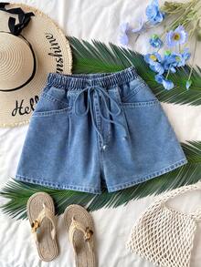 Soleia 女士抽绳腰带口袋休闲百搭日常牛仔短裤 - 中等水洗藍 - 查看 1