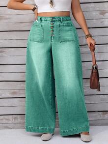 EMERY ROSE Plus Size Women Loose Casual Denim Wide Leg Jeans With Button Front Pockets - Green - View 5