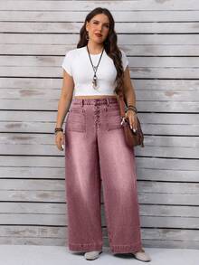 EMERY ROSE Plus Size Women Casual Vacation Daily Commute Fashion Street Button Fly Washed Loose Wide Leg Jeans - Dusty Pink - View 8