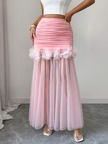 Elenzga 优雅法式浪漫西西里褶裥花卉装饰粉色喇叭中长裙，春夏款 - 粉色 - 查看 5