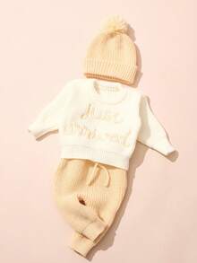 SHEIN 3件套婴儿医院入院公告服，适合1-3个月宝宝，针织上衣和裤子，含帽子，新生儿拍照道具，中性婴儿回家服 - 黃色 - 查看 5