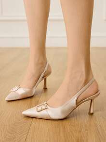 CUCCOO HITCHD Women's Pointed Toe Rhinestone Buckle Design Everyday Versatile Fashion High Heels Valentine's Day Elegant Shoes - Rose Gold - View 4