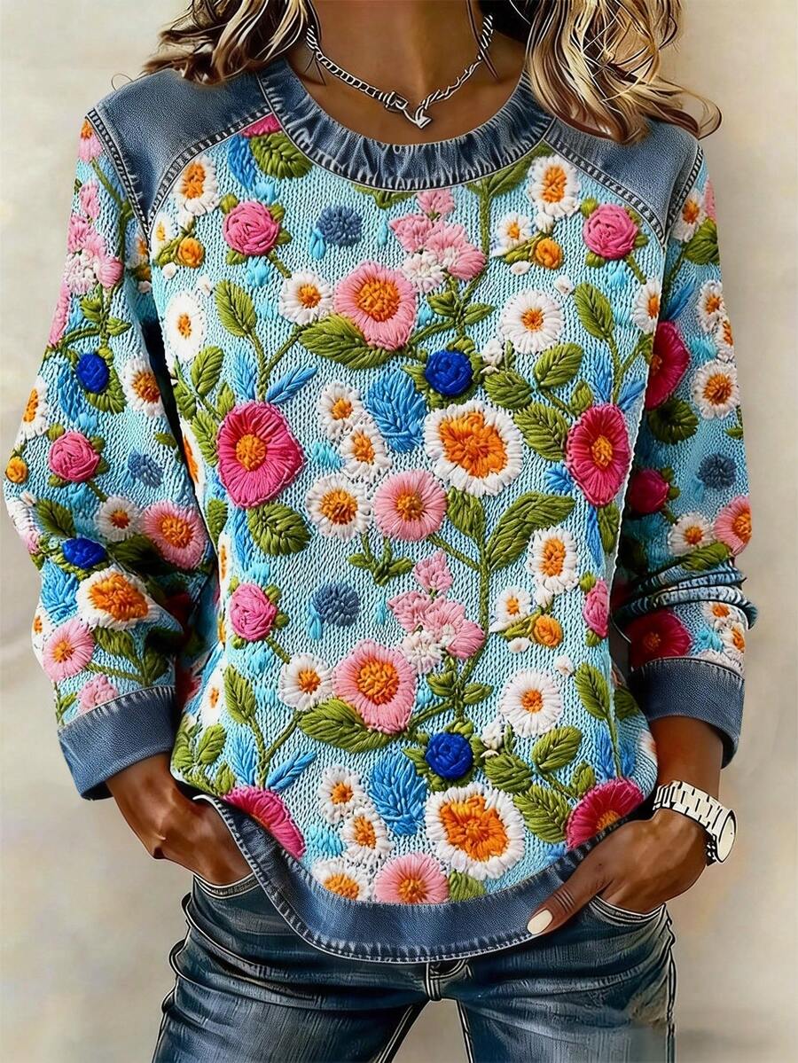 EMERY ROSE Áo thun nữ dài tay cổ tròn dáng rộng in họa tiết hoa - Nhiều màu - Xem 1