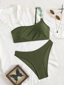 Swim Chiccia 女士夏季沙滩音乐节棕色亮面面料串珠单肩优雅比基尼套装 - 軍綠色 - 查看 6