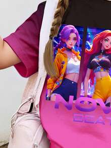2pcs/Set Ombre Pink Cartoon Girl Graphic Tee And Shorts, Casual K-Pop Inspired Summer Outfit For Tweens - Multicolor - View 3