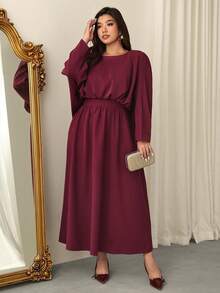 Firerie Vestido largo de línea A con cuello redondo, cintura fruncida, cintura alta, manga de murciélago y manga larga, elegante, exquisito, romántico y encantador para fiesta de Año Nuevo, baile, cita de San Valentín, talla grande, color morado rojo - Rojo violeta - Ver 3