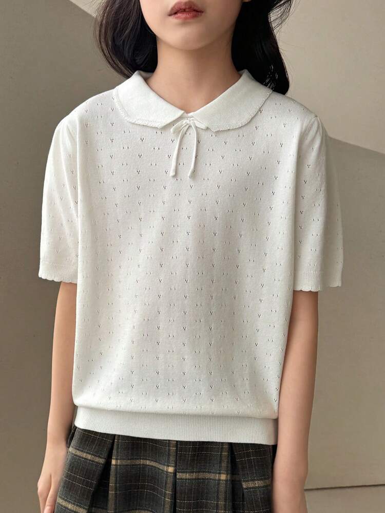 Tween Girls' Casual Solid Color Short Sleeve Mesh Knit Top