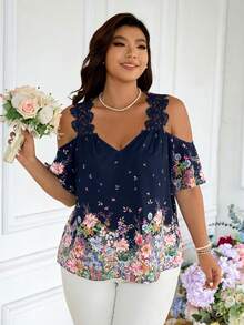 SHEIN Frenchy Plus Size Floral Print Applique Casual Short Sleeve Shirt, Going Out Tops - Navy Blue - View 4