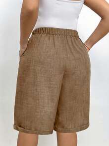 EMERY ROSE Quần short Bermuda nữ cỡ lớn, màu trơn, thắt eo, có túi. - Màu Khaki - Xem 2