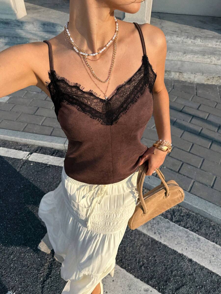 Cévolie Áo hai dây nữ mùa xuân/hè mới, kiểu dáng xòe rộng, phối ren, cổ chữ V, nhiều lớp, chất liệu da lộn, thoáng khí. - Rỉ Nâu - Xem 1