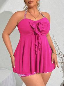 Swim Lushoire Plus Size Women 2pcs Set Random Leaf Print Loose Tankini Top And Shorts Beach/Pool Resort Bikini Set - Hot Pink - View 5