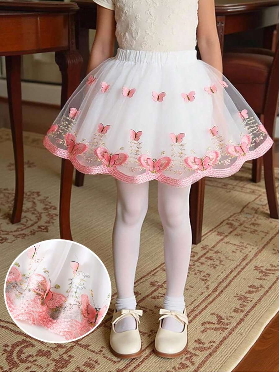 SHEIN 少女甜美优雅粉色刺绣3D蝴蝶网纱A字公主迷你裙，百搭休闲、假日及可爱造型 - 粉色 - 查看 1