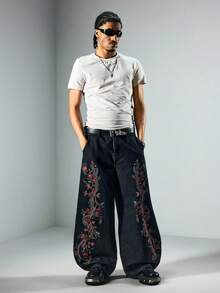 ROMWE MEN Street Life Men's Floral Bone Print Distressed Jeans - Black - View 6