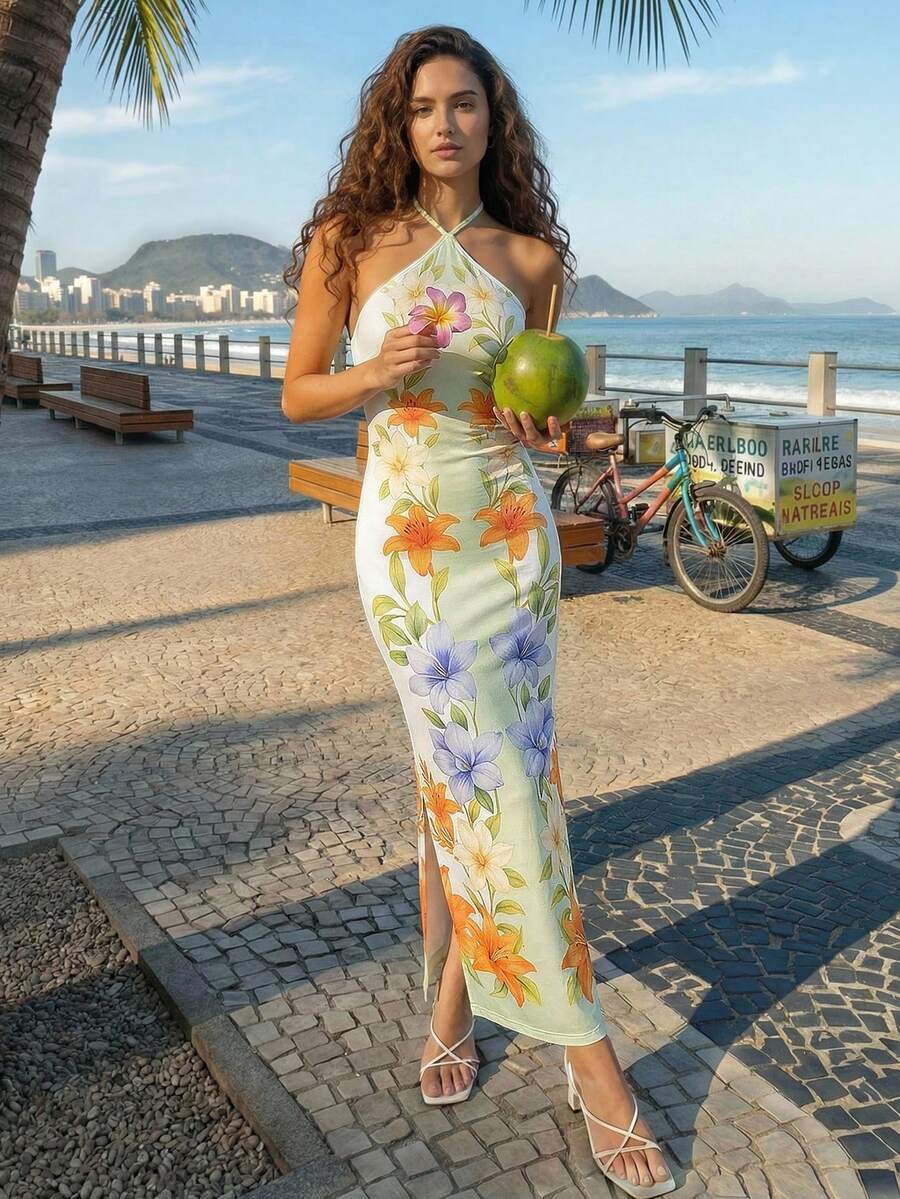 CAJUNI Halter Neck Spaghetti Strap Backless Sleeveless Fashionable Vacation Dress - Beige - View 1