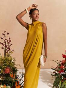 Zivah 2026春夏新款音乐节、复活节、圣帕特里克节、情人节、约会、西部风、游牧风、生日派对、毕业典礼、大学、学生、日常穿着、百搭基础款、休闲、度假、邮轮旅行、海滩、日光浴、爆款、街头风、婚礼宾客波西米亚风、通勤、早午餐、机场、派对、假日郊游、办公室穿着 黄绿色无袖荷叶边修身针织连衣裙 - 芥末黃 - 查看 1