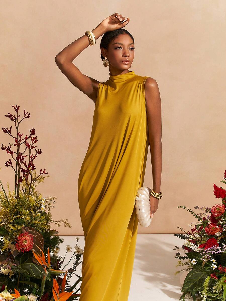 Zivah 2026春夏新款音乐节、复活节、圣帕特里克节、情人节、约会、西部风、游牧风、生日派对、毕业典礼、大学、学生、日常穿着、百搭基础款、休闲、度假、邮轮旅行、海滩、日光浴、爆款、街头风、婚礼宾客波西米亚风、通勤、早午餐、机场、派对、假日郊游、办公室穿着 黄绿色无袖荷叶边修身针织连衣裙 - 芥末黃 - 查看 1