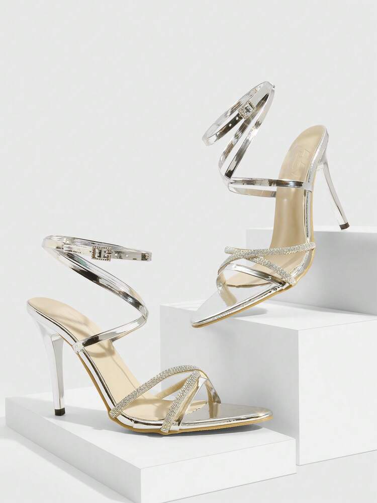CUCCOO SZL Women Shoes Fashion Women Stiletto Silver Rhinestone Strips With Thin Strips With Sandals Sexy Party Banquet Nightclub Wear Women's High Heels Sandals Spring Shoes