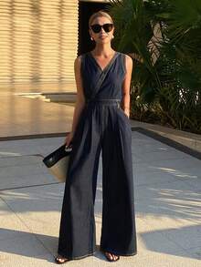 Livesso Women's Sleeveless V-Neck Waist Cinched Denim Jumpsuit - Blue - View 3