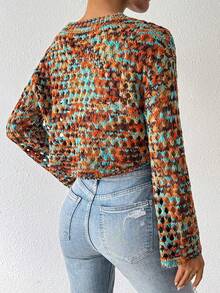 Chiquease All-Over Print Hollow Sheer Crew Neck Long Sleeve Cropped Sweater Top - Multicolor - View 2