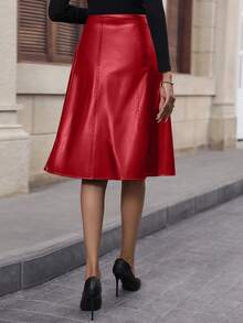 SHEIN Unity 女士纯色优雅通勤A字PU皮中长裙 - 紅色 - 查看 2