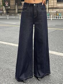 DAZY 女士宽松直筒水洗原色牛仔裤 Y2k - 藍色 - 查看 4