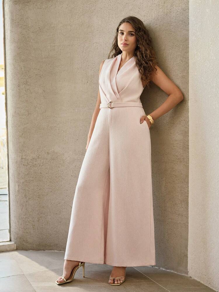 SLEEVELESS V-NECK BELTED JUMPSUIT, SUITABLE FOR SPRING/SUMMER, VALENTINE'S DAY