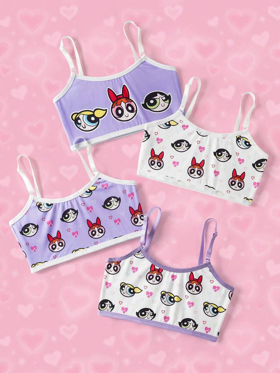 THE POWERPUFF GIRLS X SHEIN 4pcs Tween Girls' Comfortable Soft Skin-Friendly Camisole Bras - Purple - View 1