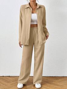 SHEIN PETITE Women's Solid Color Long Sleeve Single-Breasted Shirt And Pants Casual 2 Pieces Set - Mustard Yellow - View 5