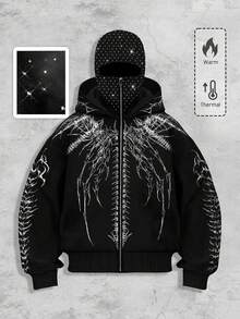 ROMWE MEN Goth Cool Dark Style Hooded Zipper Sweatshirt Sweatshirt With Rhinestone Embellishment, Men Jacket , Fall Winter