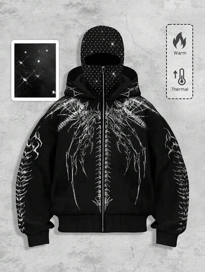 ROMWE MEN Goth Cool Dark Style Hooded Zipper Sweatshirt Sweatshirt With Rhinestone Embellishment, Men Jacket , Fall Winter