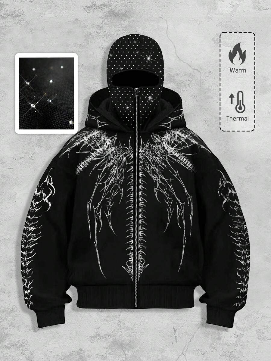 ROMWE MEN Goth Cool Dark Style Hooded Zipper Sweatshirt Sweatshirt With Rhinestone Embellishment, Men Jacket , Fall Winter