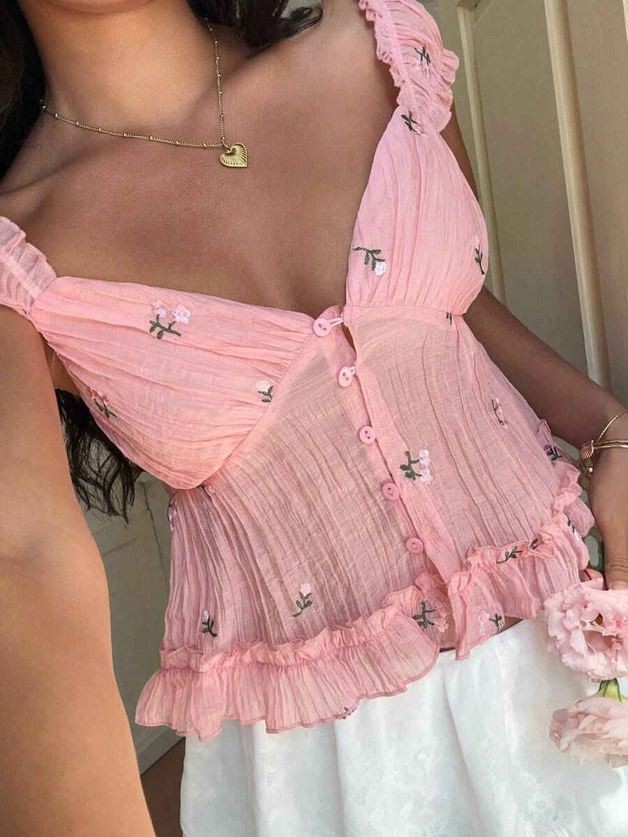 Sunnyshic Camisa corta de mujer de manga corta con abertura frontal, bordada, con volantes y de estilo casual, versátil y dulce para vacaciones y uso diario, en color rosa, para primavera/verano - Rosa - Ver 1