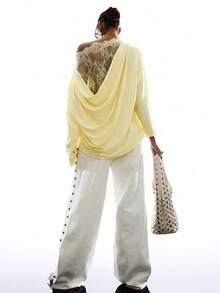 LYSMO Women's Spring/Summer Oblique Shoulder Lace Patchwork Sheer Back Loose Fit Long Sleeve T-Shirt - Pale Yellow - View 4