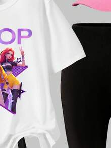 2pcs/Set Tween Girl K-Pop Idol Print Crew Neck Short Sleeve T-Shirt & Black Flare Pants Outfit - Black and White - View 4