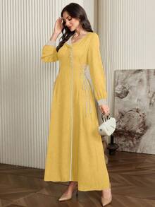 Modelyn Contrast Color Trim Drawstring Waist Slim Strap Elegant Dress - Yellow - View 5