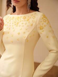 ZEYLAH Off Shoulder Faux Pearl Embellished Long Sleeve Fishtail Dress, Spring/Summer - Pale Yellow - View 2