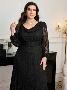 Modelyn Đầm ren thanh lịch cổ khoét sâu tay phồng dành cho phụ nữ cỡ lớn - màu đen - Xem 5