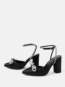 CUCCOO HITCHD Women's Rhinestone Bow Decor Pointed Toe Buckle Design Everyday Versatile Fashion High Heels Valentine's Day Elegant Shoes - Black - View 10