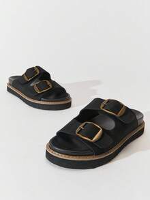 SHUZIA Women's Comfort Minimalist Buckled Double Band Flat Slip-On Sandals - Black - View 5