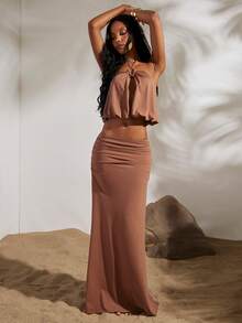 Opulessa Jupe longue d'été pour femmes, idéale pour les vacances, les soirées sexy, les bals, les dîners semi-formels, l'automne et l'hiver - Taupe - Voir 4
