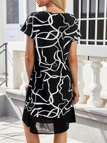 Miaspire Women's Round Neck Short-Sleeve Dress With Random Striped Print - Black and White - View 2